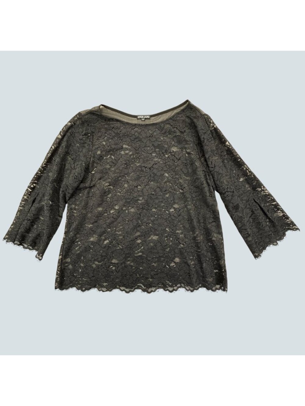 Anue Ligne Womens Lace Blouse L2 Black Floral 3/4 Sleeve Sheer Dressy Top
